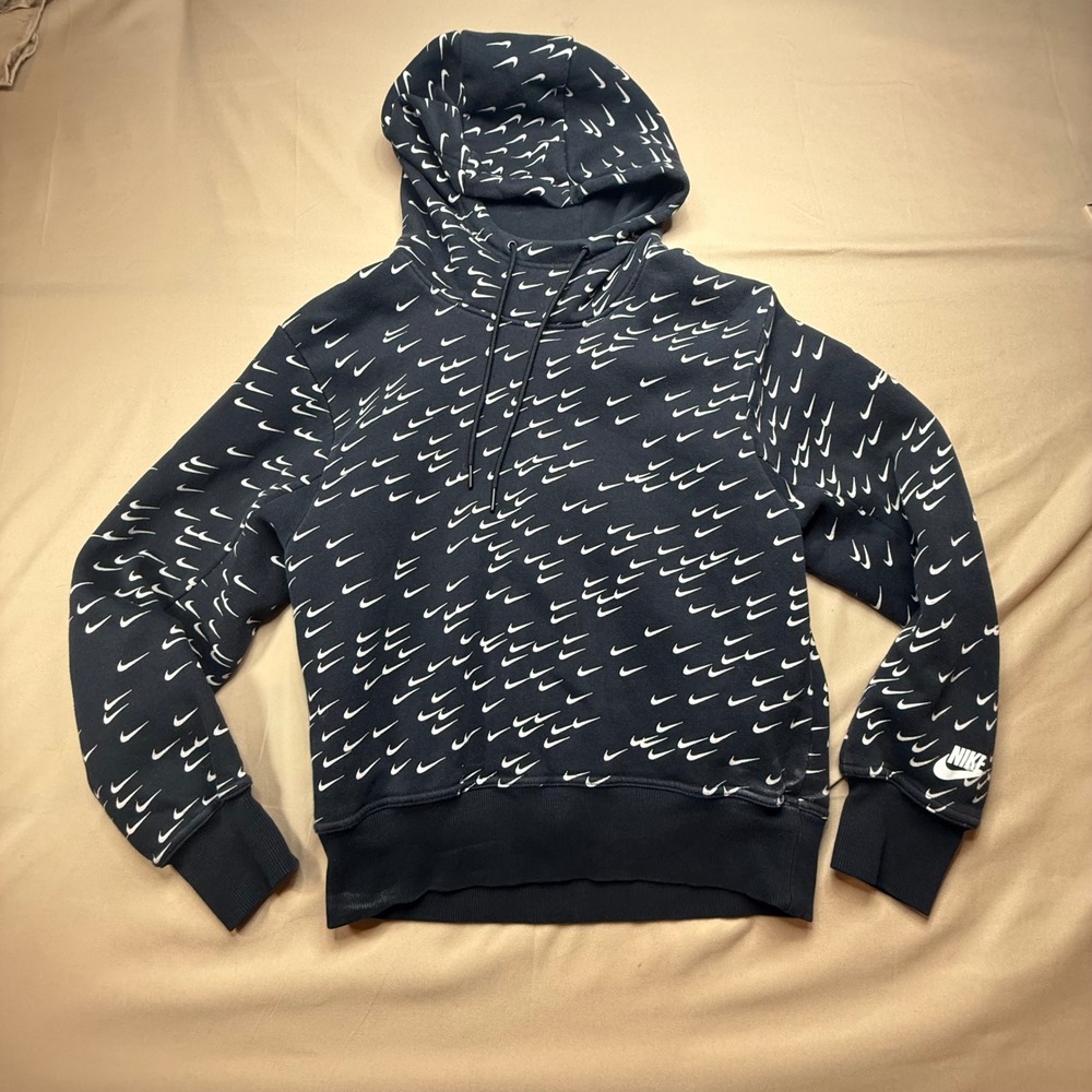 Nike Womens Sportswear All Over Swoosh Print Pullover Hoodie Black White Small